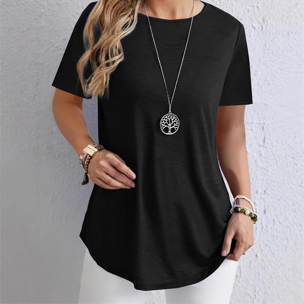 Spring Summer Solid Color T-shirt, Elegant Back Button Design, Casual Top for Women, European American Fashion Casual Wear