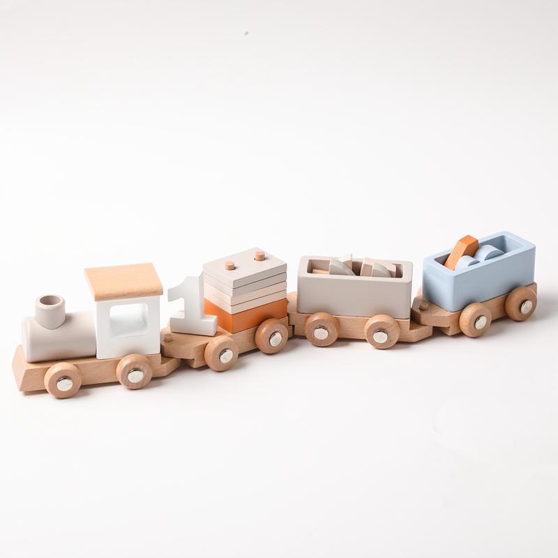 Baby Wooden Montessori Toys Birthday Train Educational Toys Wooden Trolley Baby Learning Toys Number of Wood Baby's Birth Gift