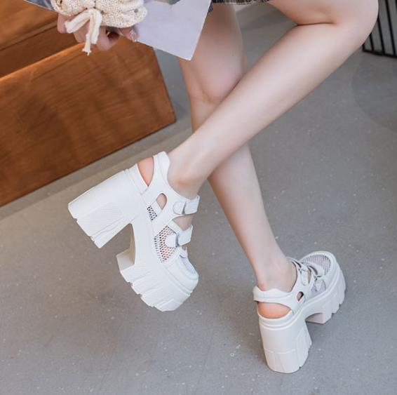 Fashion 11CM  Air Mesh Genuine Leather Breathable Hook Pumps Summer Ankle Boot Mary Jane Platform Sandals Chunky Heels Casual Shoes