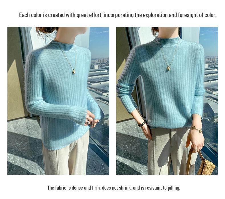 2024 Spring/Autumn Wool Ribbed Knit Sweater with Half-High Neck