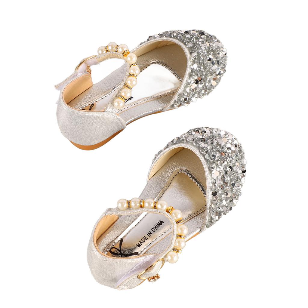 Kid Girl Sequins Faux Pearl Dress Shoes Children Fashionable PU Leather Glitter Flat Shoes for