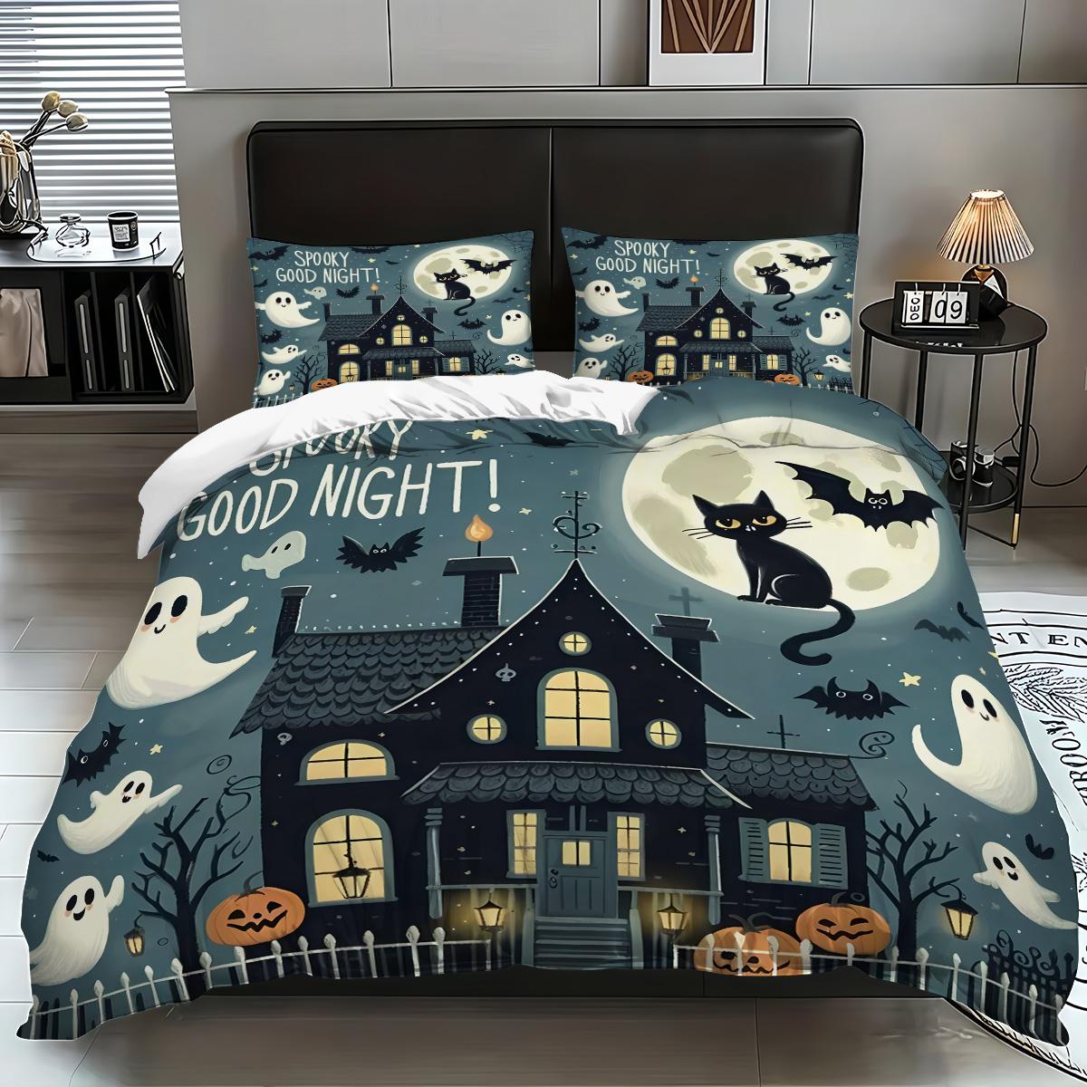 

3-piece Halloween Themed Ghost and Castle Pattern 1 Duvet Cover+2 Pillowcases Soft and Comfortable Duvet Cover Set 135x200cm-EU-Single&set