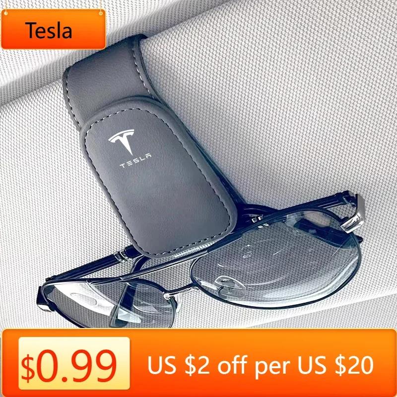 Car Sticker Tesla Leather Car Glasses Sun Visor Box Auto Sunglasses Clip Card For Tesla Model 3 Y S X Cybertruck Highland Coil J