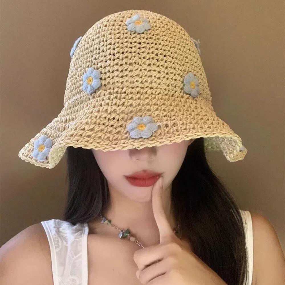 Sweet Foldable Straw Hat Little Flowers UV Protection Panama Cap Sun Protection Breathable Bucket Hat Spring Summer