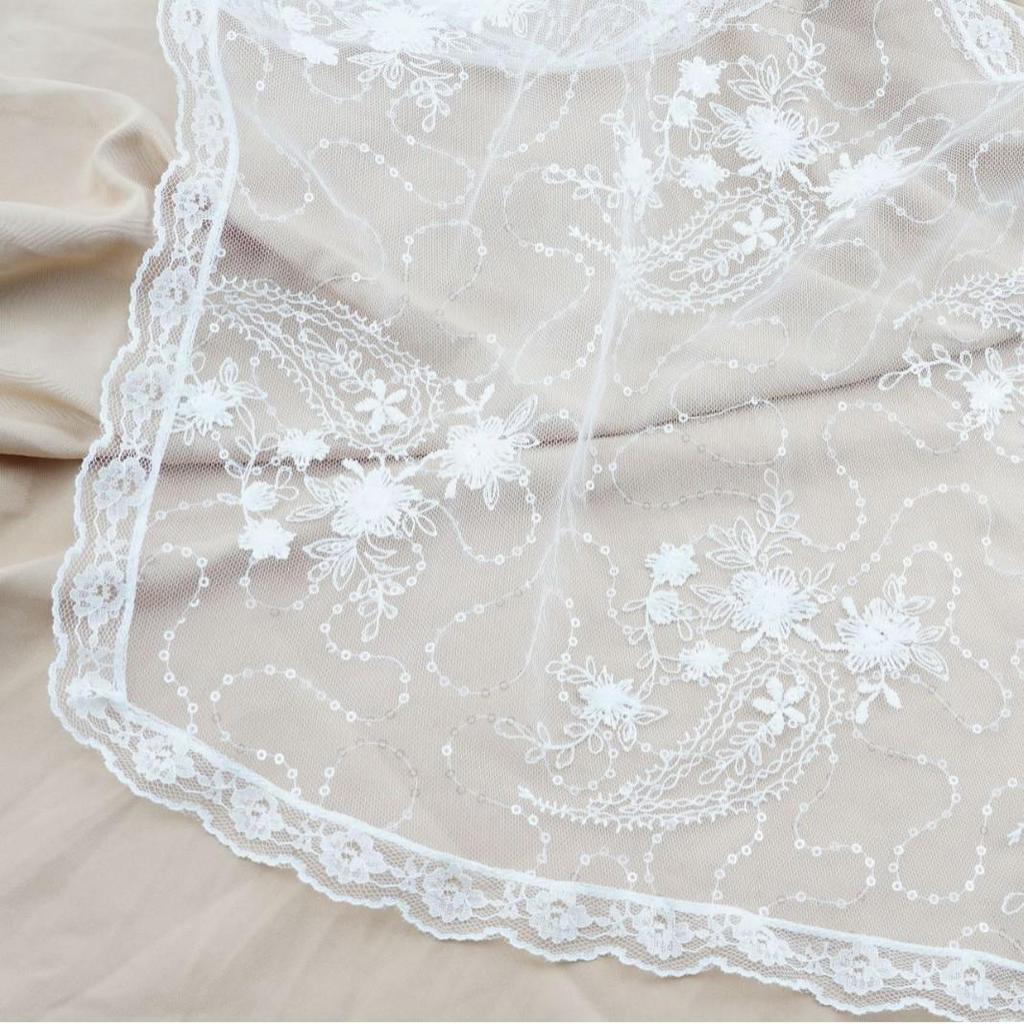 Elegant White Lace Embroidered Triangle Scarf with Floral Mesh for Wedding or Bridal Headdress