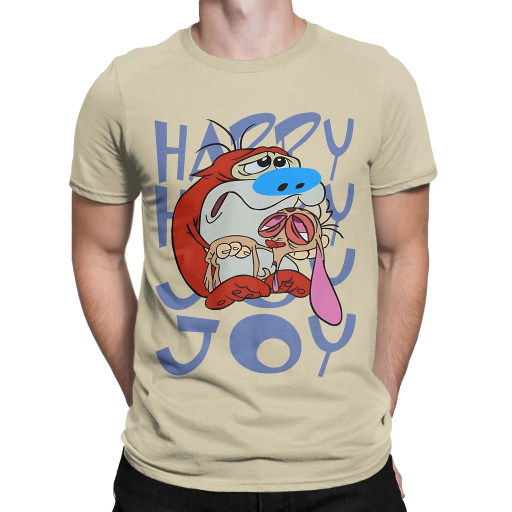 T-shirt Ren And Stimpy Happy Happy Joy Joy T-shirts de Plage Unisexes Coton Col Rond T-shirts Oversize Manches Courtes Y2k Rétro T-shirt