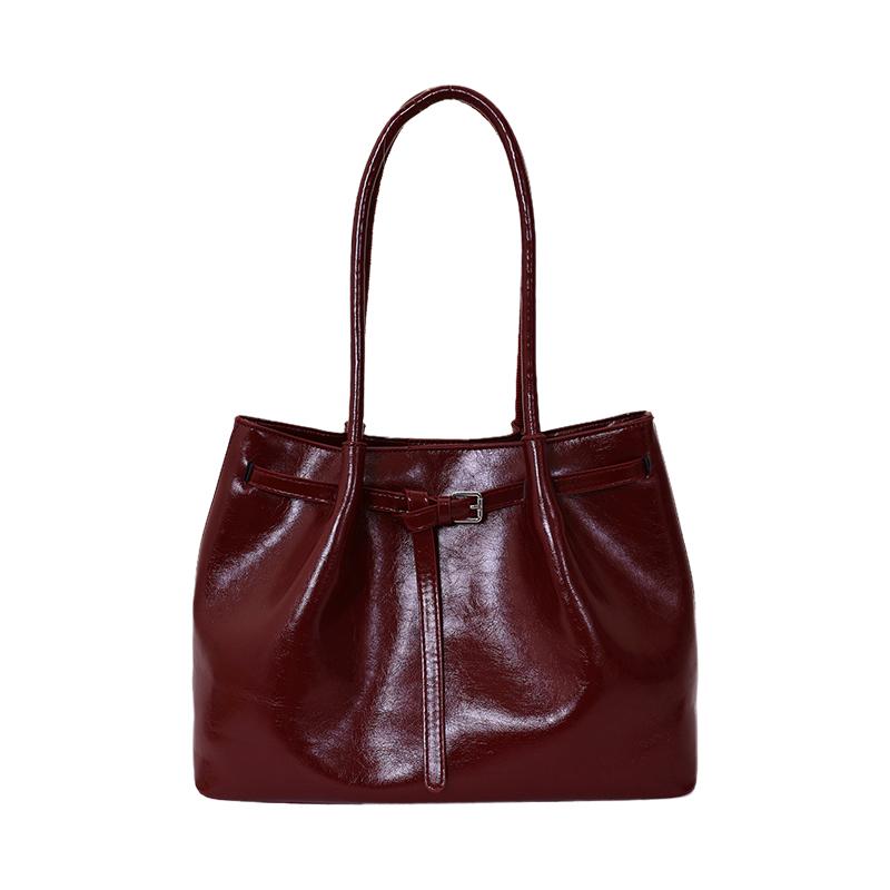 

Women s Glossy Tote Bag with Buckle Detail and Top Handles for Daily Use