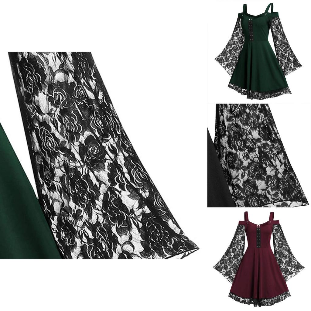 Elegant Floral Lace Women's Fancy Dress With Flared Sleeves Ideal For Costume Parties And Birthdays