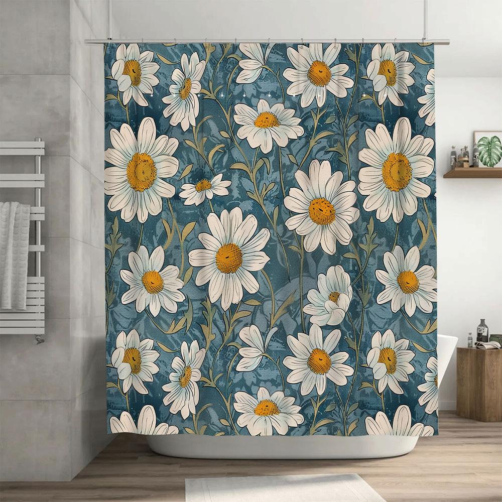 White Daisy Shower Curtain Waterproof Home Decor Bathroom Wall Hanging Floral Print Fabric Water Repellent Curtains For Bathroom