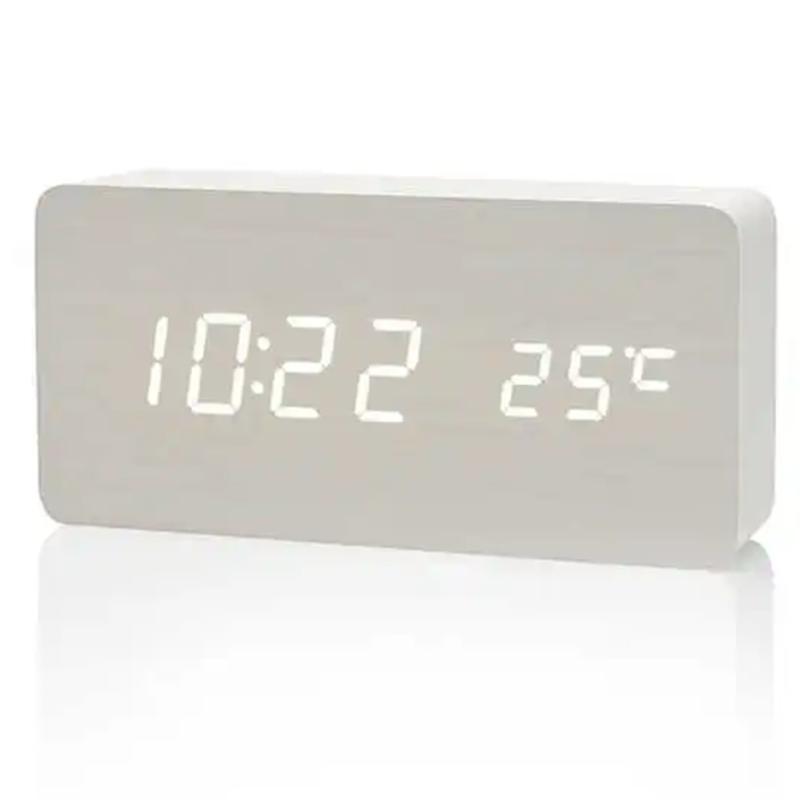Voice Control Wooden Digital Clock Creative Multi-Functional LED Alarm with Temperature Display Modern Minimalist Home Decor
