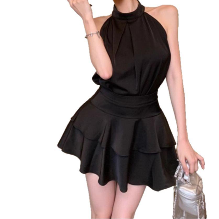 French Chic Sleeveless Halter Top & High-Waisted Ruffle Midi Skirt Set