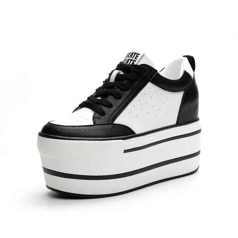 

Мода 11см Натуральная Натуральная Кожа Платформа Танкетка Повседневные Массивные Кроссовки Женские Шнуровка Ботильоны Весна Осень Мокасины Обувь 39 чёрный