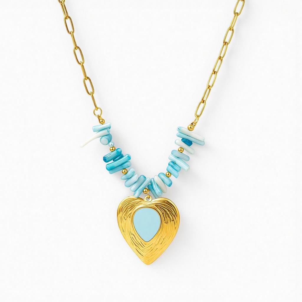 Gold-Plated Heart Pendant Necklace with Blue Coral Branch Chain
