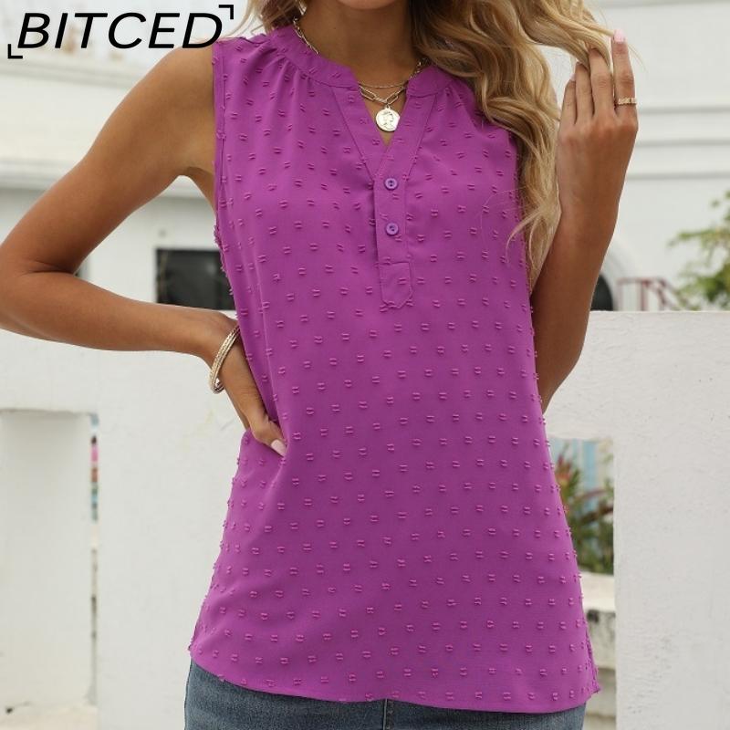 

BITCED Women s Summer New Solid Color Chiffon Shirt Loose V-neck Jacquard Sleeveless Casual Vest