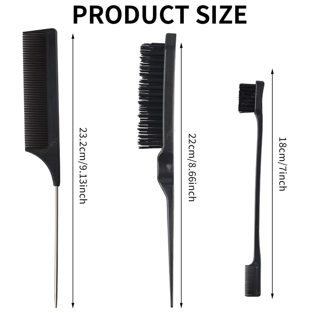 3 Pcs Professional Hair Styling Comb Set: Metal Pin Rat Tail Comb, Teasing Brush & Double-Ended Edge Eyebrow Brush for Salon & Home Hair Braiding, Sty