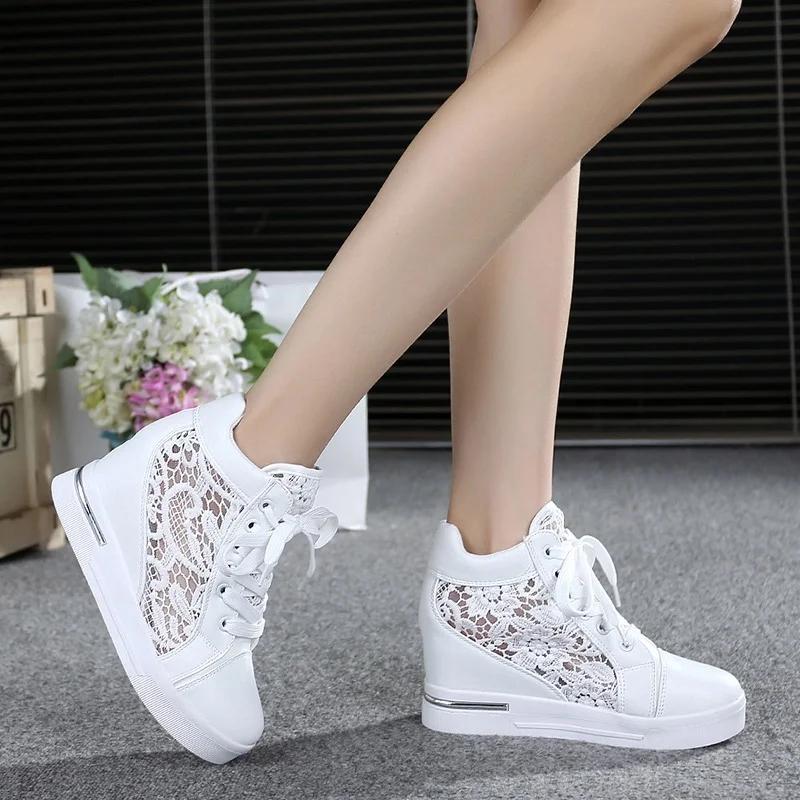 Fashion 2025 New Summer Women's Lace Breathable Mesh Sneakers Flats Loafers High Heels Platform Wedges Ladies Creepers Shoes Fashion