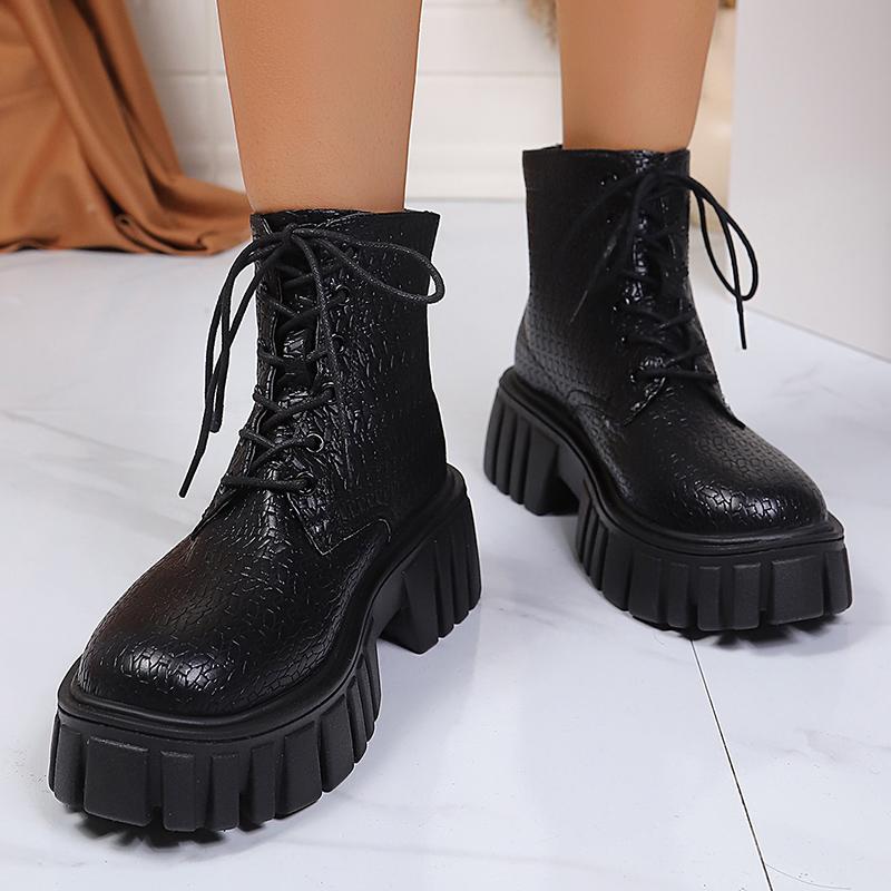 Black Chunky Platform Motorcycle Boots Women Wide Foot Pu Leather Lace Up Ankle Boots Woman Plus Size 42 Thick Sole Short Botas
