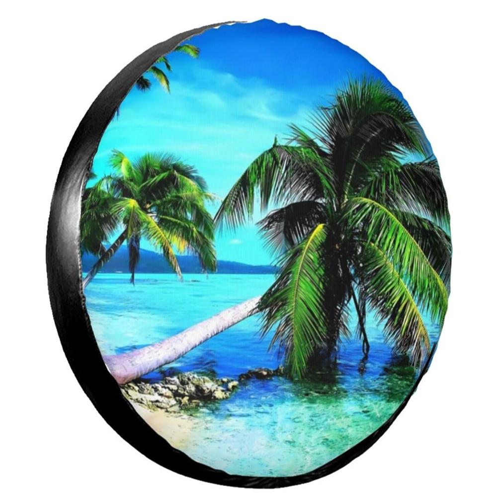 1Pcs Car PU Leather Spare Tire Wheel Cover Coconut Tree Mountain Moon River Natural Scenery Fit For Toyota Jeep Land Rover