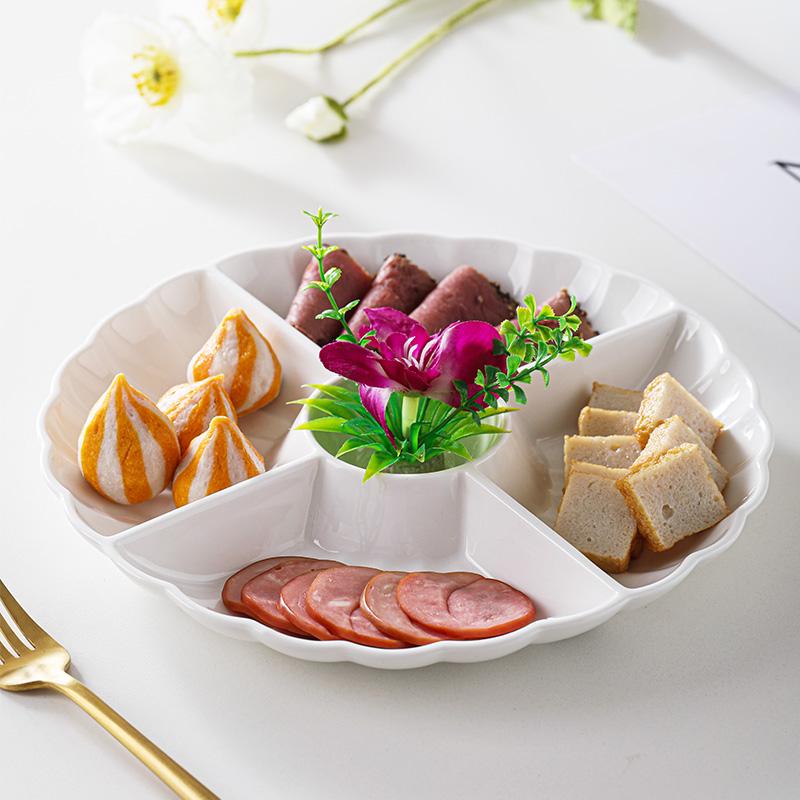 10inch Gold-rimmed Ceramic Hot Pot Divided Plate Household White Dried Fruit Snack Plate Hotel Simple Tableware