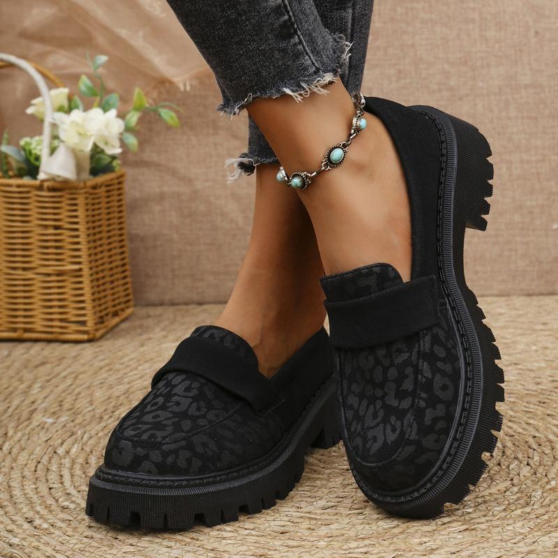 Women's Leopard Print Loafers New Platform Block Heel Fashion British Style Small Leather Shoes