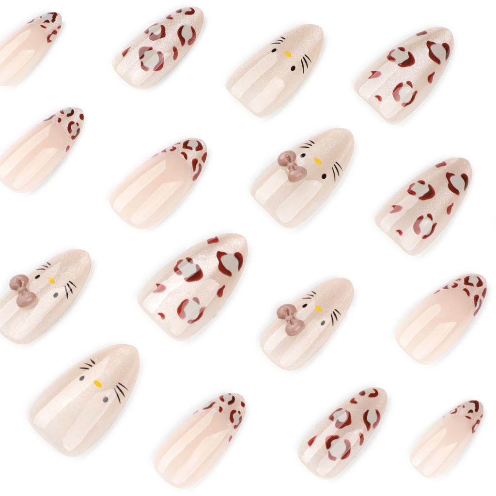 Hot-selling Japanese Style French Leopard Print Nail Art, Short Almond Nail, Cat Eye Flash Wearing Armor