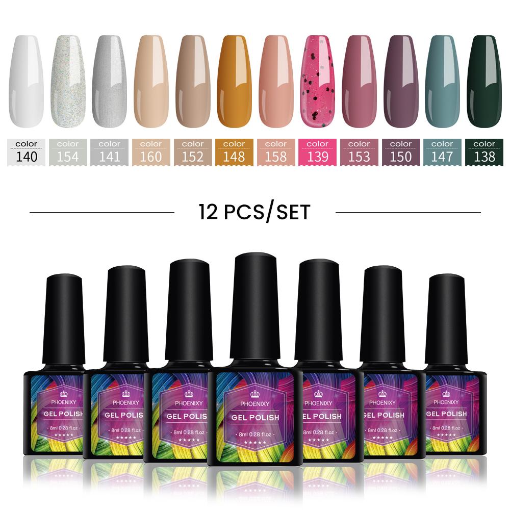 PHOENIXY 4/12/18 Farben Gel-Nagellack-Set Gel-Lack-Kit zum Einweichen der Maniküre Semi-permanente Hybridlacke Basis und Top Nail Art