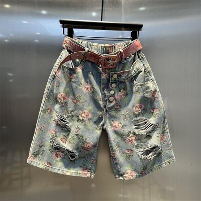 Summer Fashion Loose and Slimming Wide Leg Straight Leg Pants Fashionable Printed Trendy Ripped Five Quarter Denim Shorts for Women