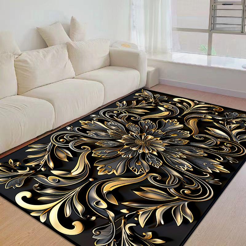 European Home Luxury Golden Flowers Living Room Decor Sofa Carpet Washable Rugs for Bedroom Black Gold Lounge Coffee Tables Mat