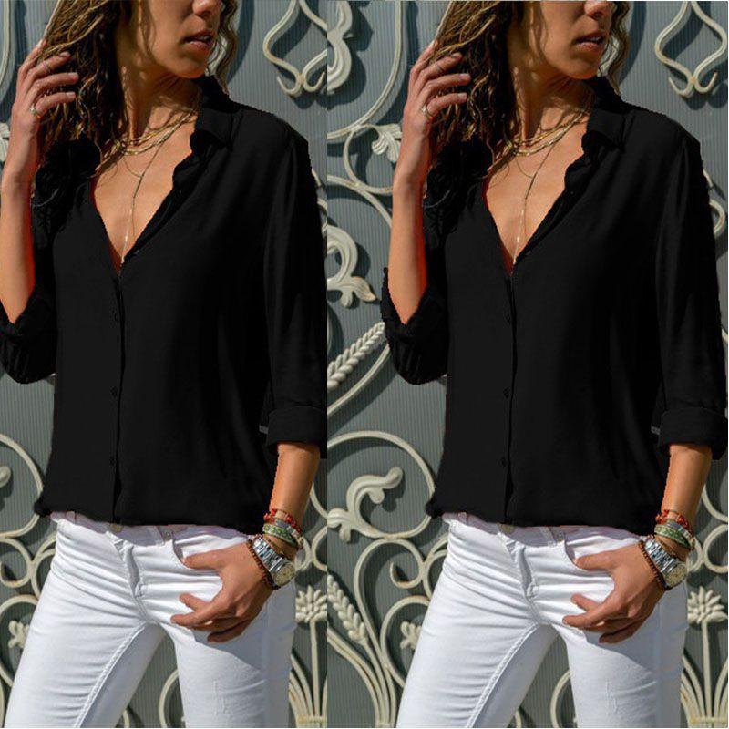 Timeless Solid Color Womens Long Sleeve Office Blouse Dress Shirt