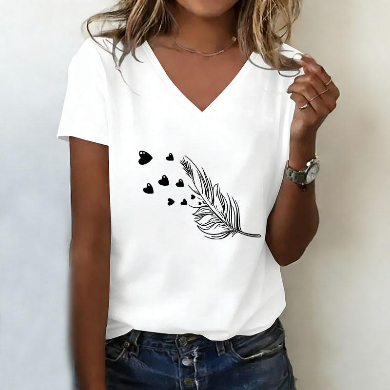 V-neck casual and fashionable love leaf printed T-shirt XS