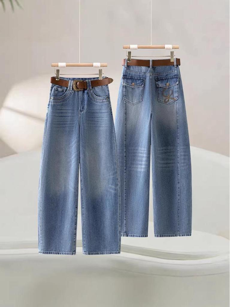 High Waist Light Blue Curved Knife Women's Jeans - Spring/Autumn 2026 Collection, Tummy Concealing Fashionable Wide-Leg Loose Fit.