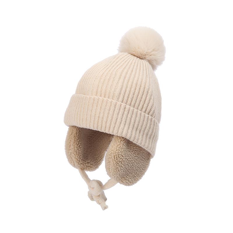 Winter Baby Knitted Hat With Earflaps Solid Color Pompon Beanie Cap Kids Boy Girl Thick Warm Plush Ear Protection Caps