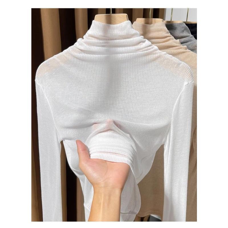 Slightly See-through Collar Long-sleeved Women's Autumn Fashionable Layered Tops with Base Layers