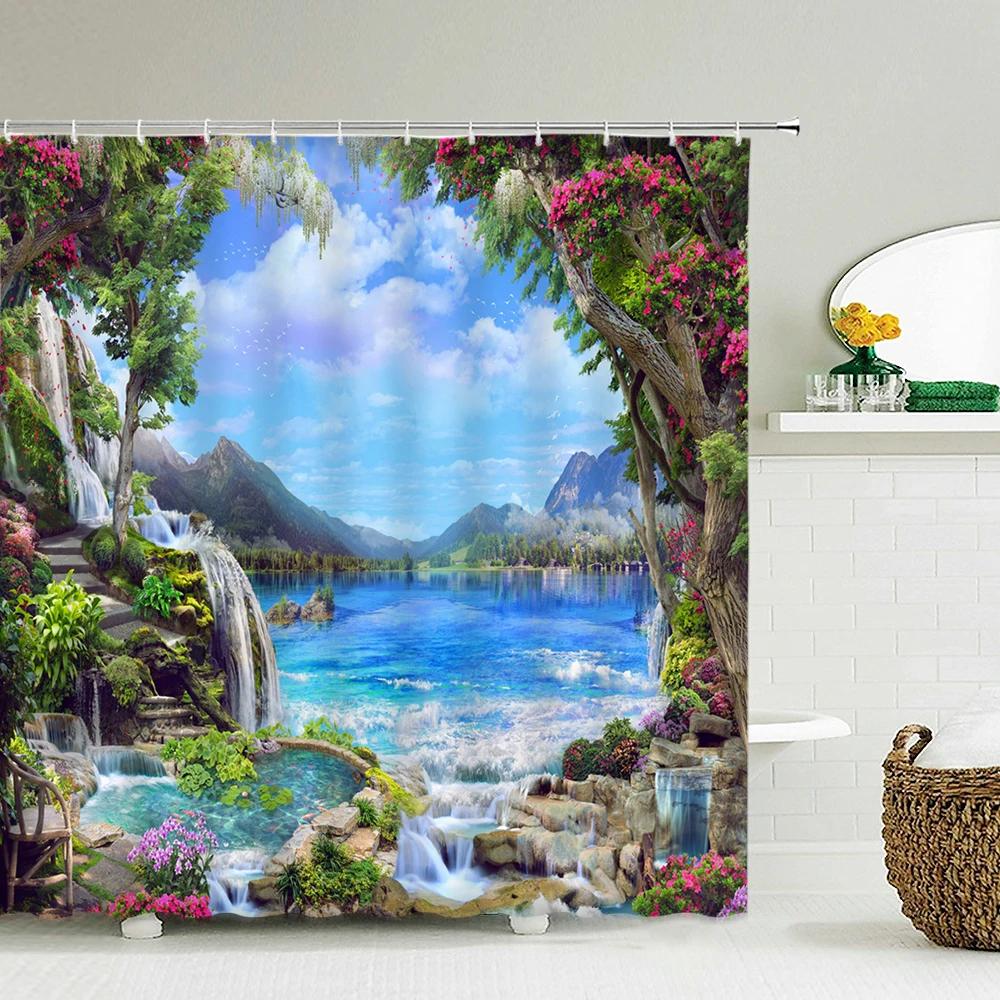 Flowers Garden Landscape Shower Curtain European Retro Rural Scenery Wall Decor Hanging Curtain Waterproof Bathroom Curtains