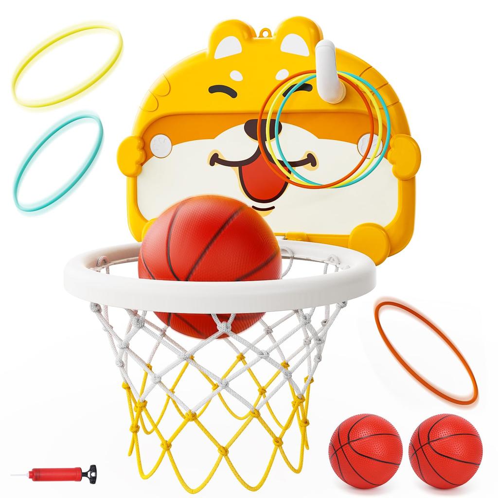 Skirfy Poartă de baschet suspendată pe perete, jucărie pentru copii, mod 2 în 1 de joc, agățată pe ușă, jucărie de baschet, joc de aruncare a inelelor, 2 mingi, 6 inele, adeziv