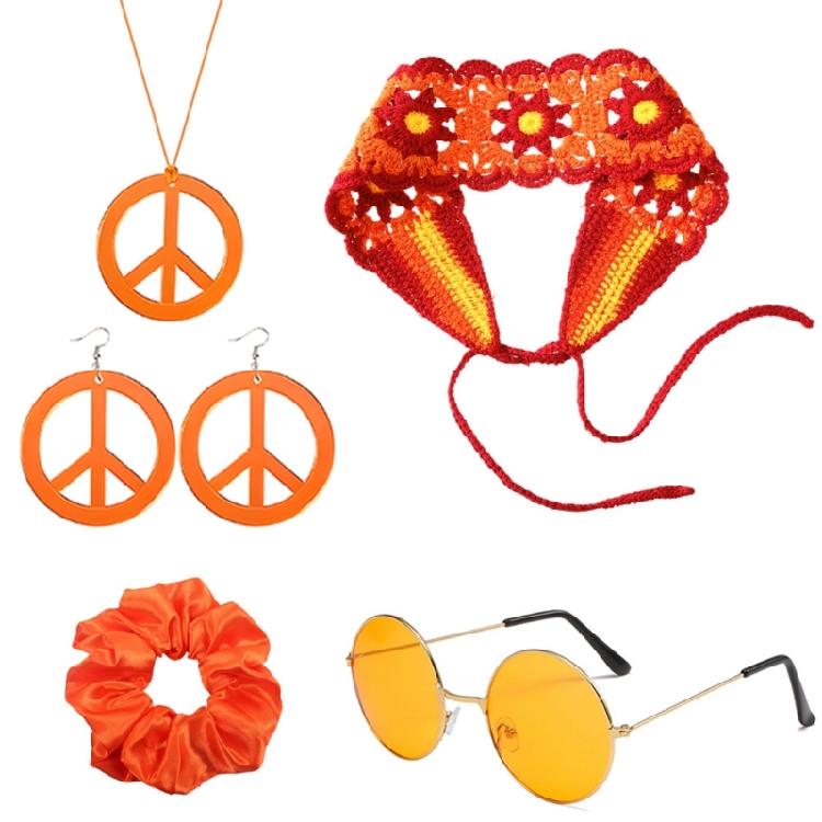 

1970s Hippie Costume Jewelry Accessory For 70s 60s Themed Party Hair Band Glasses Knitted Headband Necklace Earrings помаранчевий