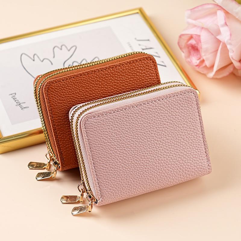Fashion Classic Lychee Pattern Change Bag Short Bag Double Zipper Storage Multi-card Position Card Bag Clutch Bag Wallet