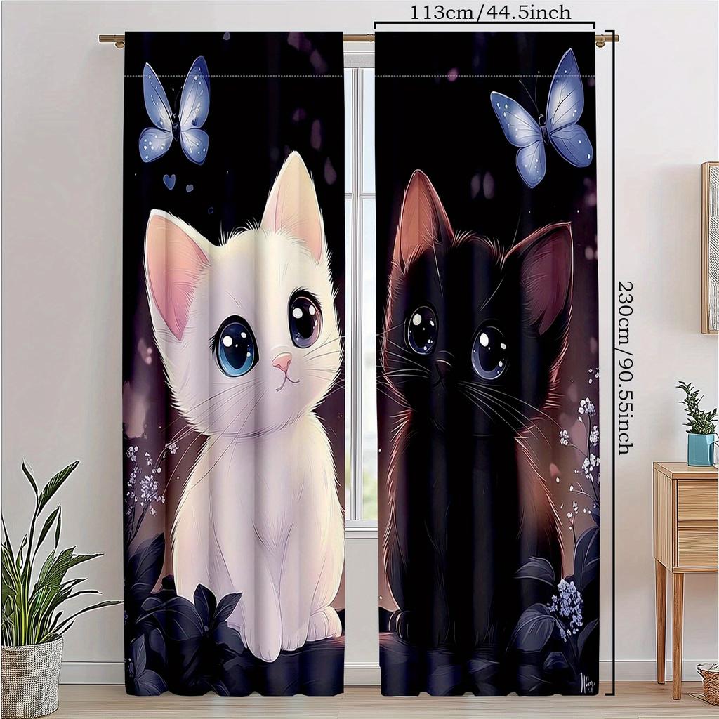 2 Panels Cute Cat Print Curtains Butterfly Animal Drapes Polyester Kids Room Living Room Home Decor