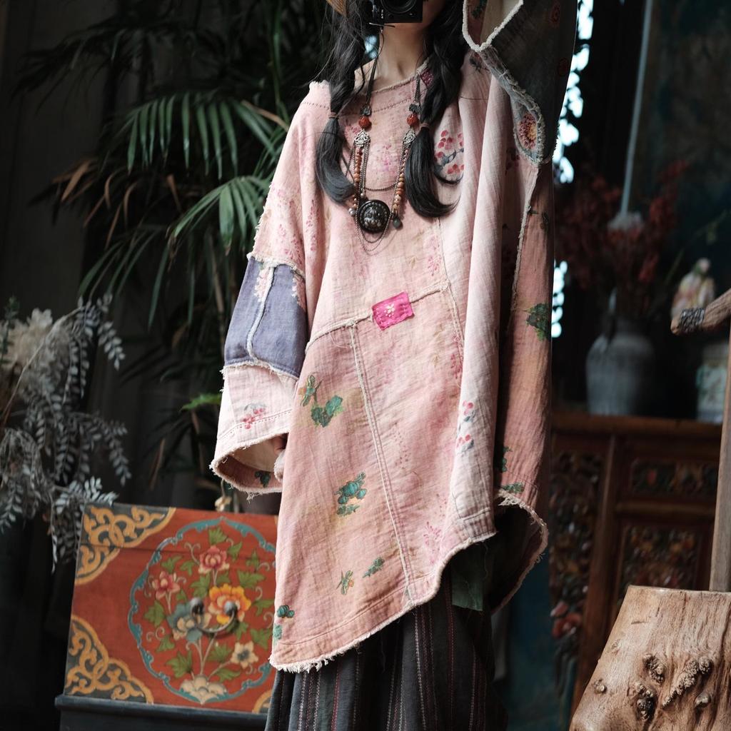 Little Mud Girl Retro Patchwork Robe with Artistic Round Neck