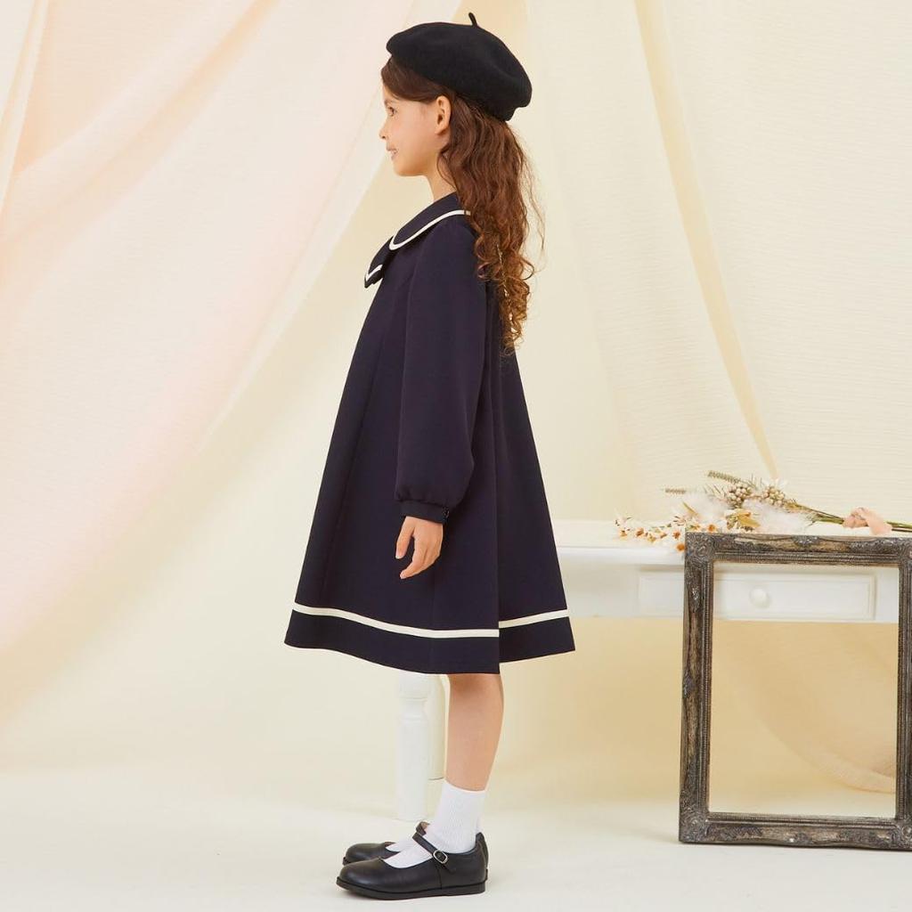 Chopin School Entrance Ceremony Sailor Long Piping Dress with Size Navy Girls' Dress, 2-Way, Collar, Sleeve, Ribbon, 110cm, (7376-2356)