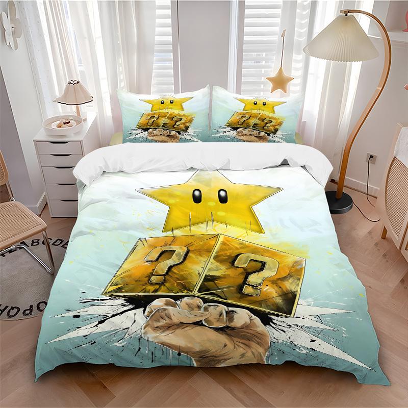 

3pcs bedding set Mario Star Block Includes 1 Comforter+2 Pillowcases, Without Pillow Inserts, Soft Comfortable, Lightweight Breathable216 135x200cm