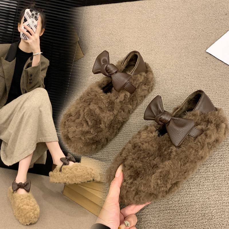 Plush Women's Shoes Are Comfortable and Versatile for Daily Wear, Simple and Classic Solid Color, Low Heel Soft Sole, One Pedal Cotton Shoes for Women