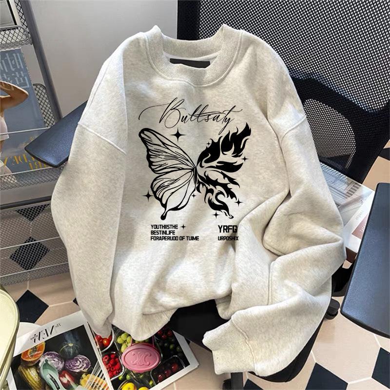 

Толстовка в корейском стиле ретро, тяжелая, на флисовой подкладке: Уютный круглый вырез, свободный крой для пар, идеально подходит для осени и зимы. XL