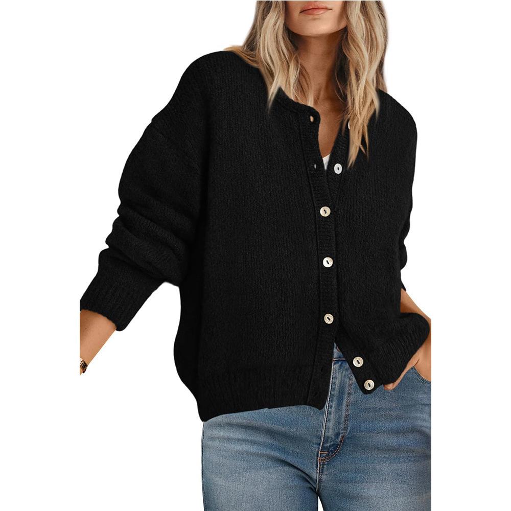 VEZFAA Moda feminina casual outono inverno cor sólida estampa manga comprida gola redonda suéteres