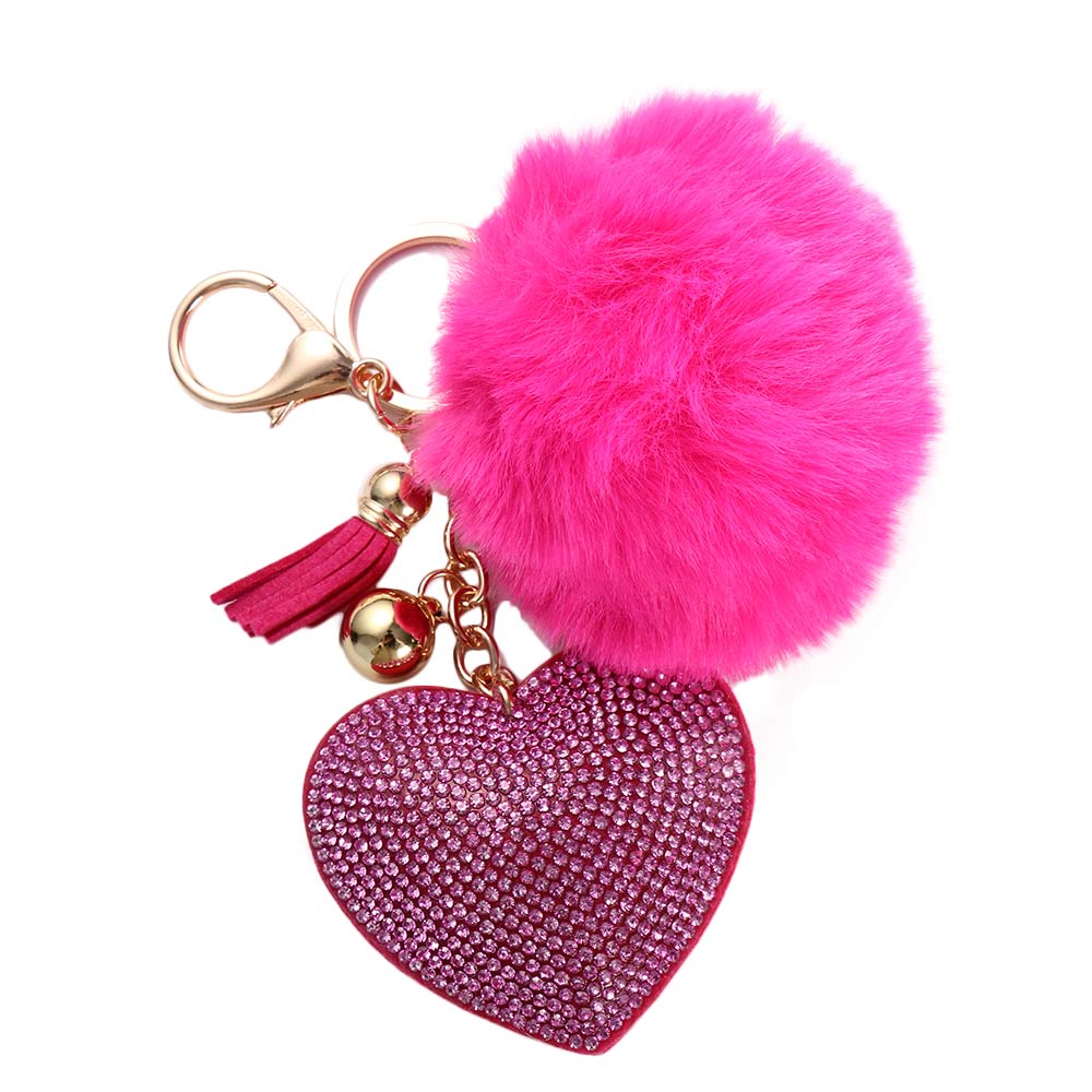 Decoration Interior Accessories Pompom Keychains Rhinestone Keyrings Bag Pendant Rhinestone Heart