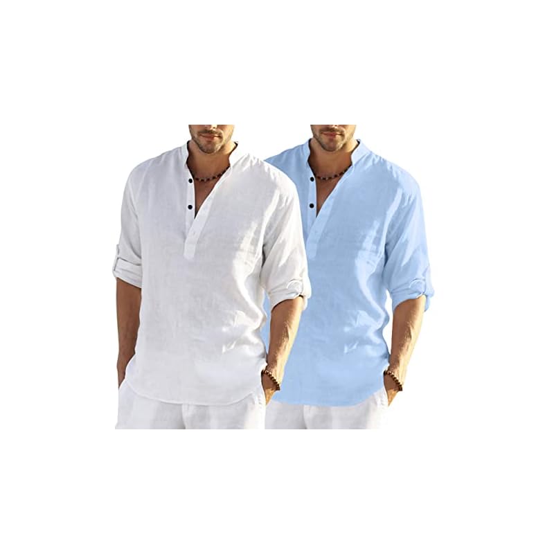 Bellstone Men' Cotton Blend Solid Regular Dress Shirt (Kurta800Combo_White_Skyblue_L