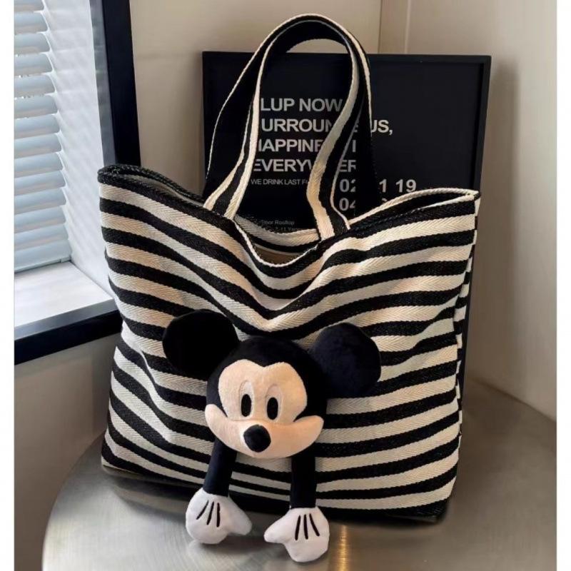 Women s New Fashion Cute Cartoon Mickey Tote Bag Book Canvas Bag Large Capacity Striped Tote Bag