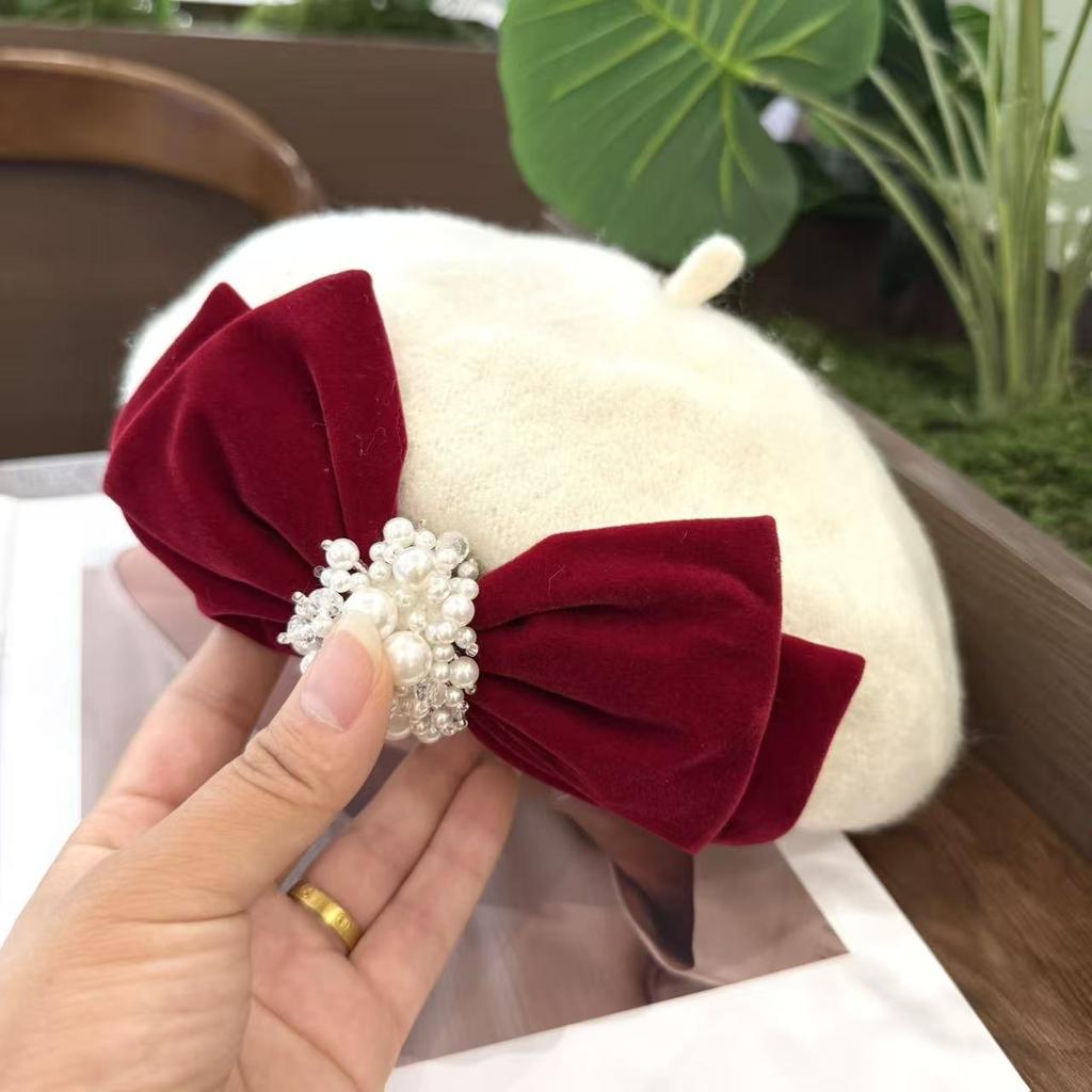 Autumn and winter bow beret woolen pearl versatile big head circumference showing face small painter hat flat top national style