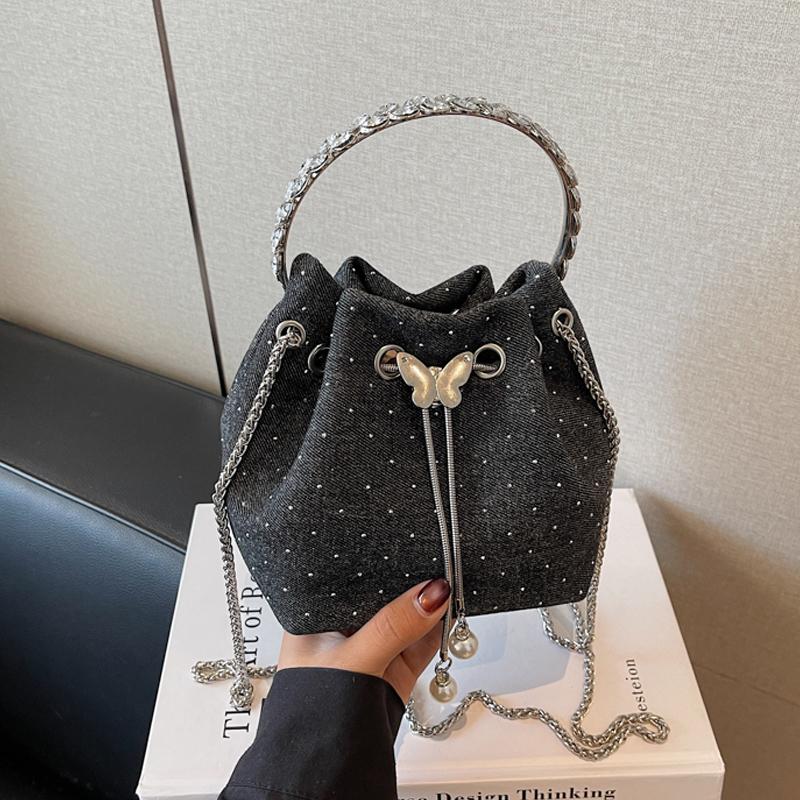 

Exquisite Shiny Diamd Party Denim Handbag Women s New Versatile Chain Crossbody Bags Persalized Commute Bucket Bag Mini(Max Length<20cm) чёрный