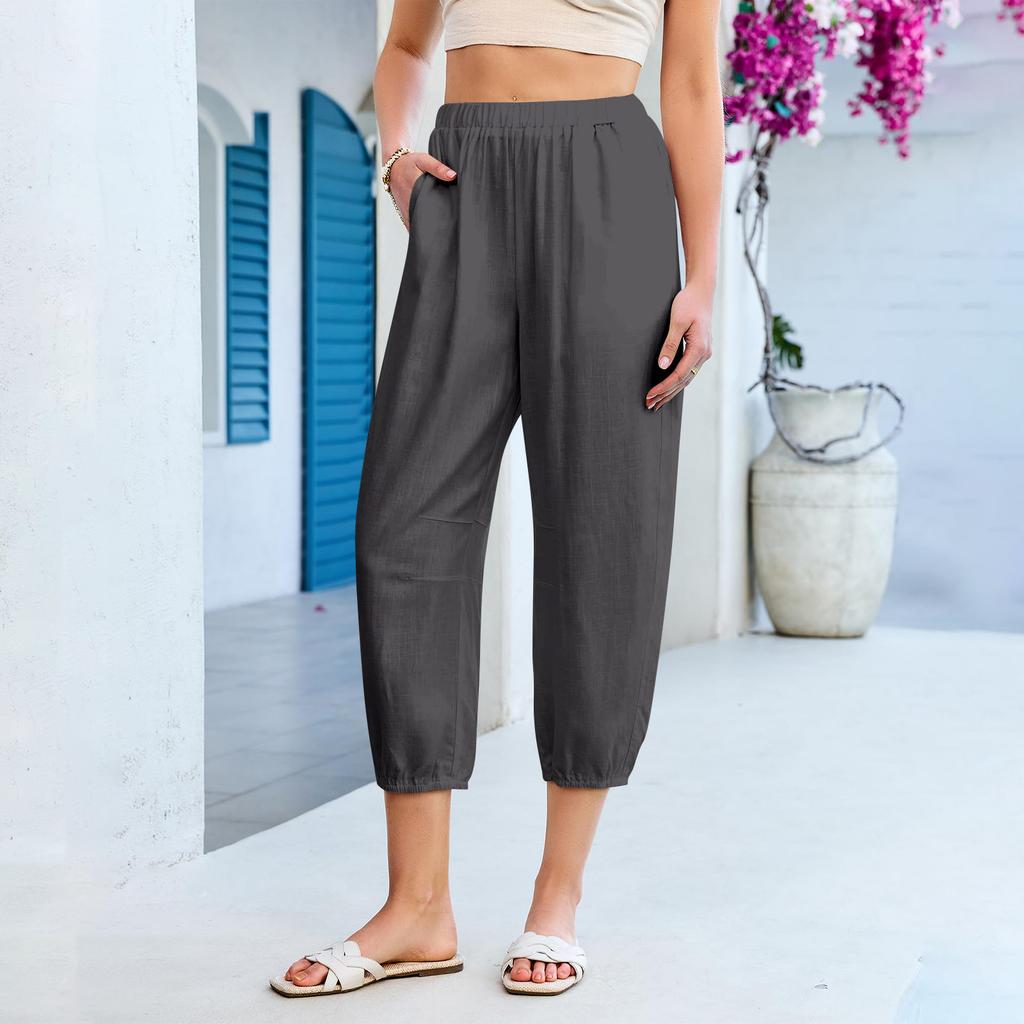 Women’s Elastic Waist Cropped Pants Casual Loose Fit Lightweight Trousers with Pockets for Daily Wear Travel Office